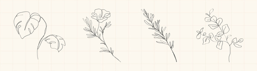 Minimal vector botanical line art with tropical leaves and delicate floral sprigs © Rawpixel.com