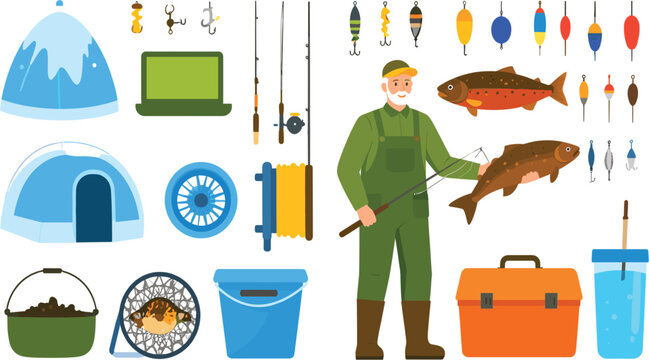 Ice Fishing Equipment and Fisherman Vector Illustration Set with Winter Camping Gear, Rods, Floats, Fish, Bucket, and Tackle Accessories
