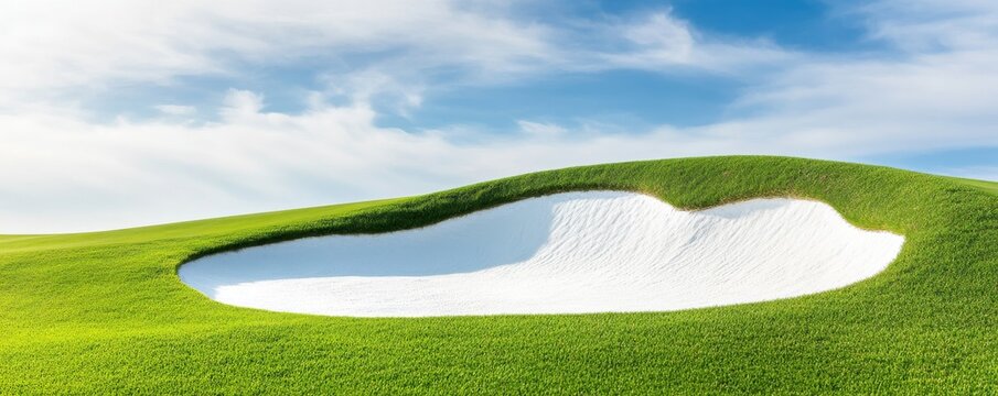 Vibrant green golf course mound and a stark white, heart-lip shaped sand bunker against a serene blue sky. Clean, minimalist golf design., golf, landscape
