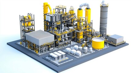 Fototapeta premium 3D Isometric Render of an Industrial Chemical Plant with Yellow Tanks and Smoke Stacks Isolated on White Background