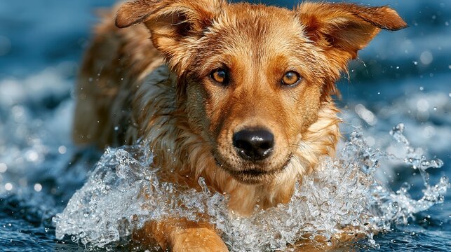 Cute medium-sized dog joyfully swimming in ocean or lake