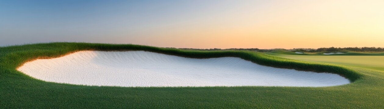 Wide shot Pristine golf course bunker and lush green fairways bathed in golden hour light, under a serene blue-to-orange gradient sky, highlighting tranquil beauty and course design.