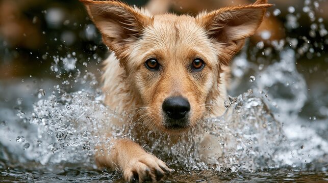 Splashy water surrounds a light brown dog