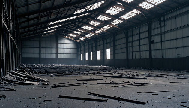 abandoned, dilapidated industrial warehouse