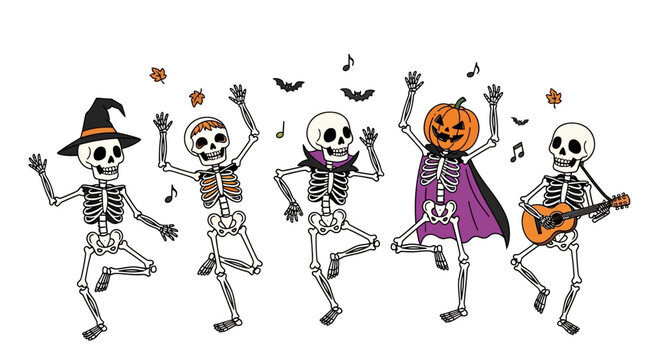 Dancing skeletons in costumes celebrate Halloween with music and leaves.