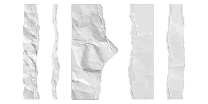 Set of torn white paper strips with rough edges and wrinkled texture Vector, illustration