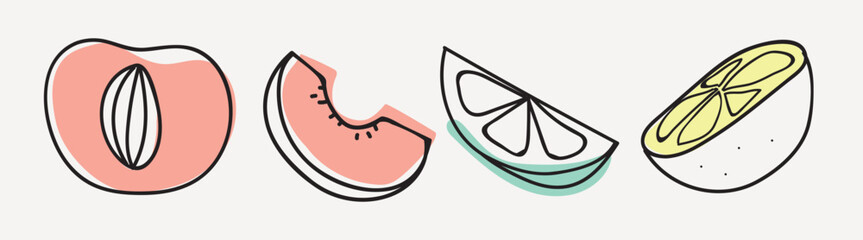 Obraz premium Vector illustration of colorful fruit slices: peach, watermelon, lime, lemon.