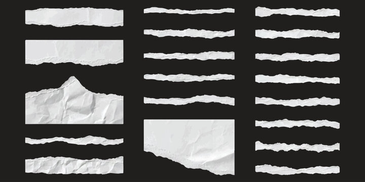Set of torn paper strips and ripped edge borders in white on a dark background Vector, illustration