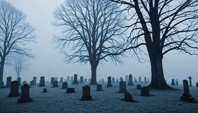 a cemetery with cold, dead trees