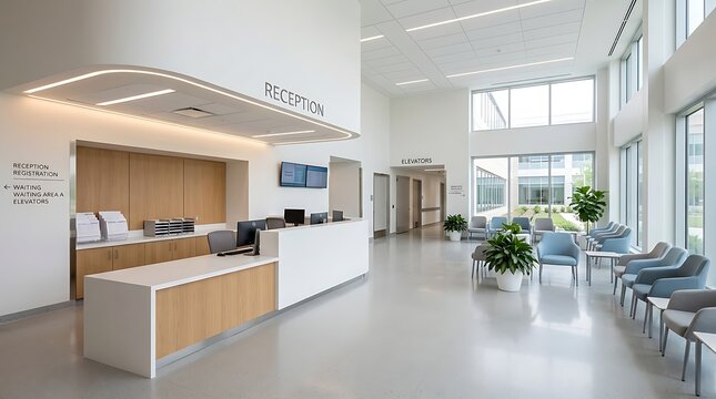 Modern hospital reception area with bright lighting and minimalist design for professional healthcare setting