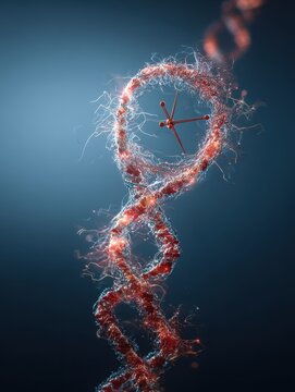 Abstract illustration of telomere shortening and aging concept with fraying threads representing biological clock