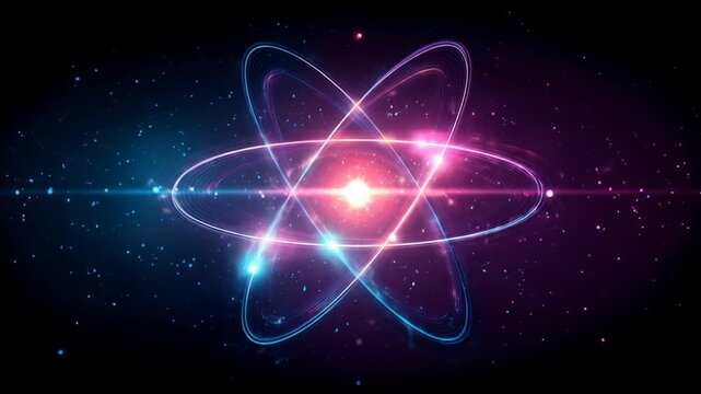 Abstract glowing atom with orbiting electrons in a dark cosmic space, representing quantum physics, energy, and scientific research