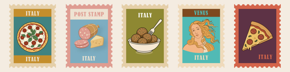 Retro post stamps. Italia. Italy - Venus, Meatballs, Pizza, Traditional Salami and Cheese © mariamcho