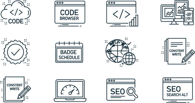 Set of vector outline icons for coding, content writing, badge schedule, and seo search, isolated on transparent background.