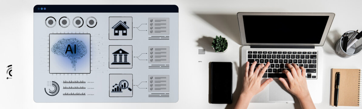 Person Working on Laptop with AI Interface Displaying Data Insights and Charts for Business Analytics Over a Modern Desk Setup. Bitwise.