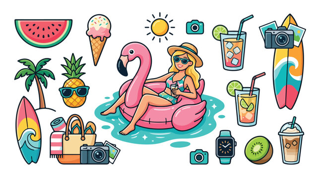 Summer vacation icons set, tropical beach holiday elements vector, colorful travel stickers with girl on flamingo float and surfboards