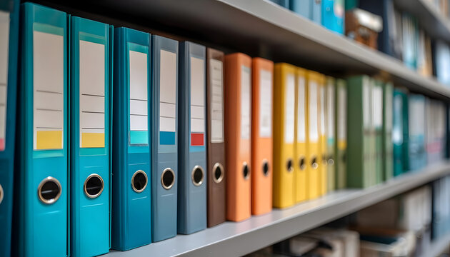 Colorful office binders on a gray shelf for organization and storage