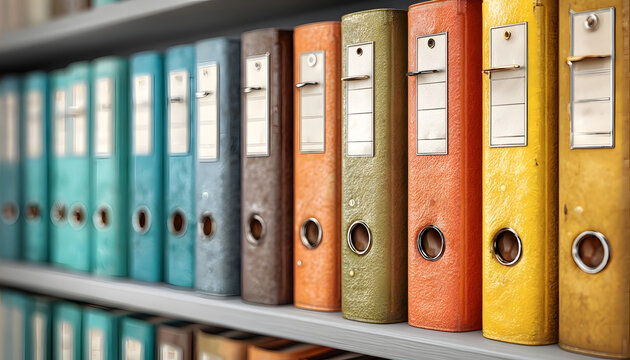 Colorful office binders on a gray shelf for organization and storage