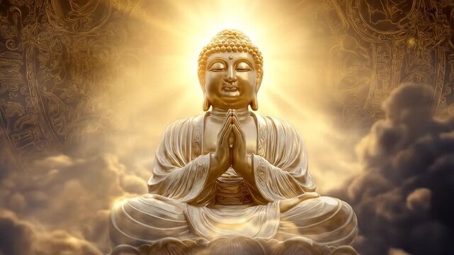 Golden Buddha statue meditating peacefully with divine radiant light, surrounded by ethereal clouds and a spiritual aura.