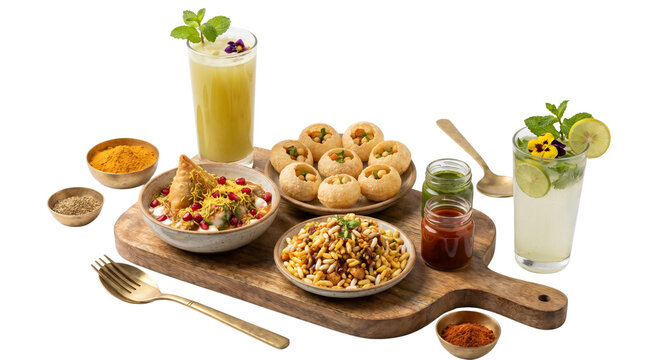 Traditional Indian street food snacks with pani puri and samosa chaat, authentic indian appetizers on wooden platter, spicy bhel puri and refreshing drinks isolated PNG with Transparent