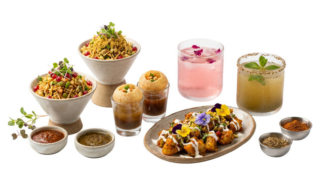 Traditional Indian street food snacks and cocktails, gourmet pani puri and bhel puri appetizers, colorful chaat platter with fusion drinks isolated PNG with Transparent Background