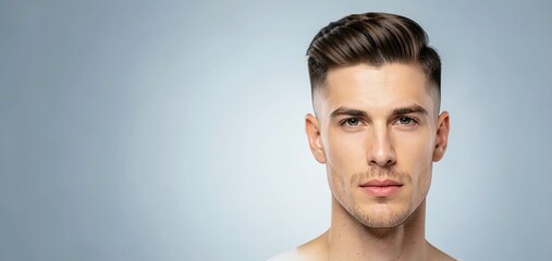 Obraz premium Young Man with Side Part Undercut Fade Hairstyle Shirtless Studio Portrait on Blue Background.
