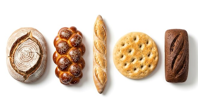 Assortment of Artisan Bread: A visually appealing arrangement showcasing a variety of freshly baked artisan bread types, from round sourdough to braided challah and crusty baguette.