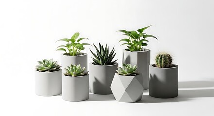 Obraz premium Succulent Collection in Modern Planters: A curated assortment of small succulent plants and a cactus in various modern, geometric concrete planters, showcasing a variety of shapes and textures.