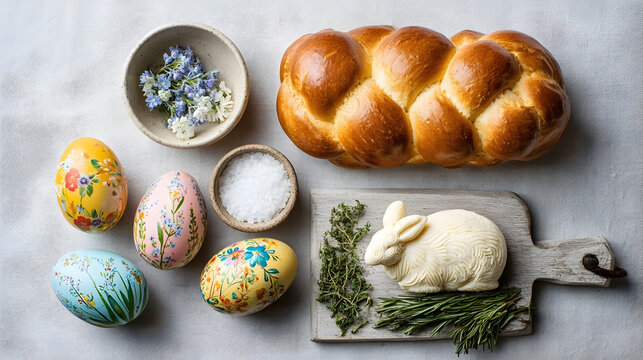 Easter celebration food and decorations with eggs bread and bunny
