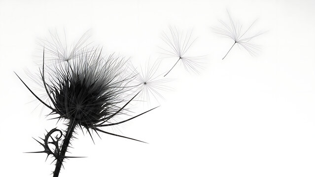 Black and white dandelion seeds dispersing isolated on a transparent background