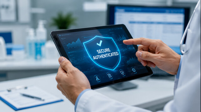 Doctor using tablet for secure authenticated medical data access in clinic.
