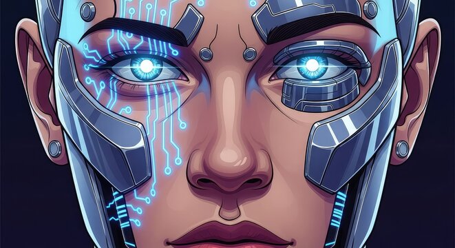 Ilustraci&oacute;n detallada de un rostro cibern&eacute;tico con est&eacute;tica de novela gr&aacute;fica destacando circuitos brillantes e implantes met&aacute;licos modernos, blue, sci-fi, head