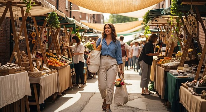 A Vibrant Market Day: A woman walks through a bustling outdoor market, laden with shopping bags, amidst stalls overflowing with fresh produce and artisanal goods.