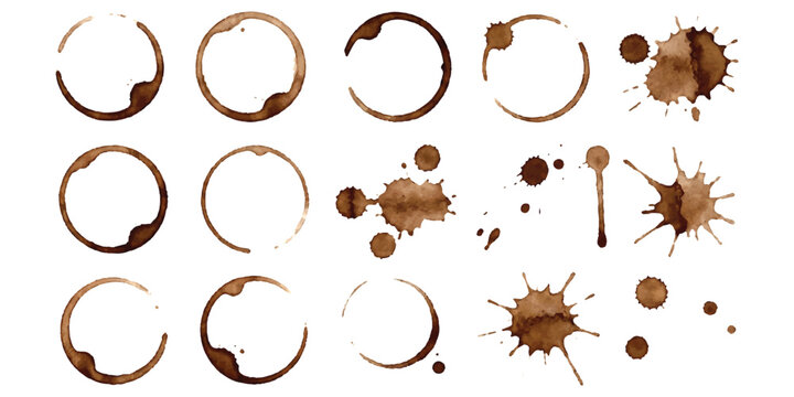 Set of coffee cup stains and tea ring marks with messy brown liquid splashes Vector, illustration
