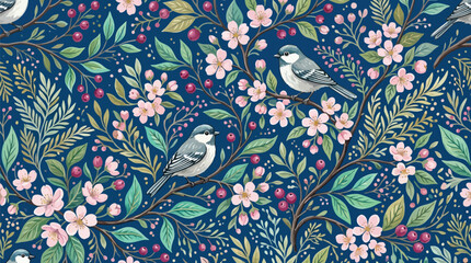 Fototapeta premium Vintage floral pattern with songbirds and berry branches