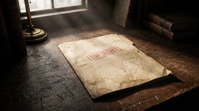 Top secret file folder on dark wooden desk, old paper document with red ink stamp, dusty library table near bright window, vintage leather books stacked beside antique metal lamp in dim office room.