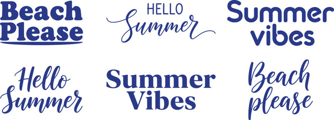 Set of summer quotes, beach please, hello summer, summer vibes, typography design elements isolated on transparent background © Arwa
