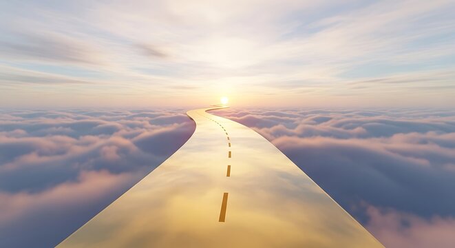 A golden road stretches into the horizon, rising above a sea of clouds towards a radiant sun, symbolizing hope and an inspiring journey.