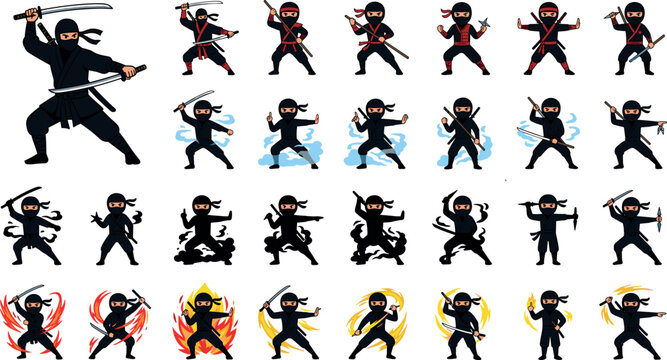 Cartoon Ninja Fighter Action Collection with Martial Arts Warriors, Sword Combat Poses, Stealth Attacks, and Japanese Assassin Illustrations