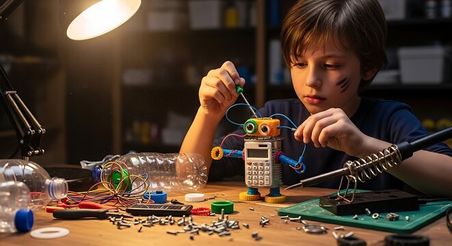 A curious young boy, with a smudge of dirt on his cheek, intensely works on building a colorful robot model at his workbench, illuminated by a warm desk lamp.