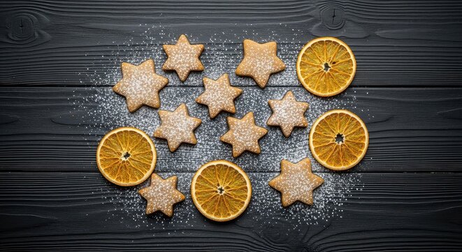 Overhead frame of star shaped gingerbread cookies and dried orange slices dusted with sugar on a dark rustic wooden winter background space, festive, star, card