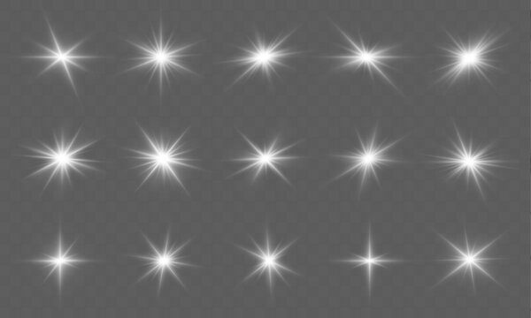 Bright white star set reflections spread on transparent layered space. Realistic vector shine for creative banners.