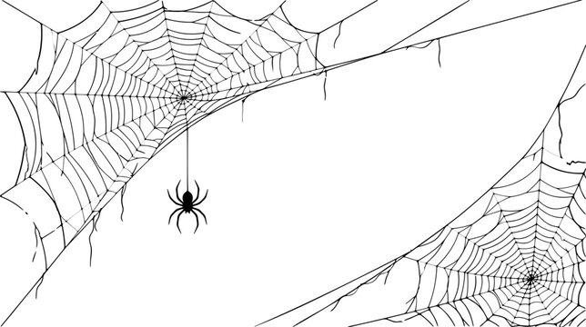 Minimalist corner spider web illustration with hanging spider for Halloween border designs