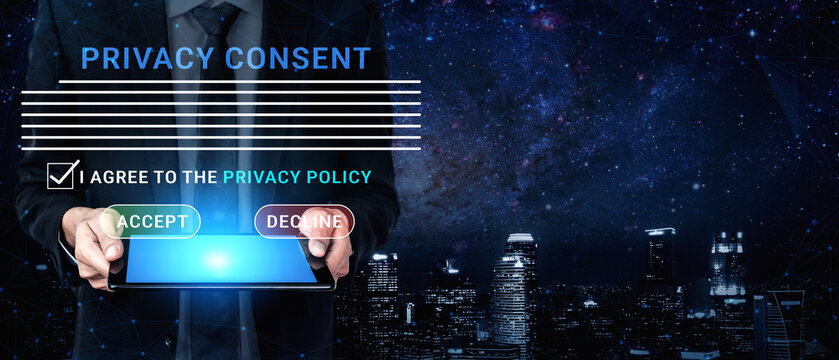 Digital Consent Form with Privacy Policy Acknowledgment Against a Starry City Skyline Background Haptic.
