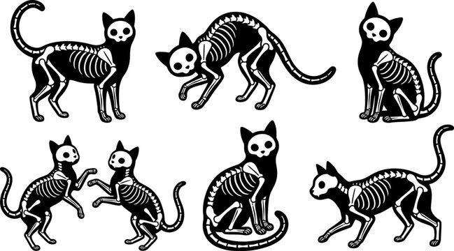 Collection of six skeleton cat silhouettes in various playful and spooky poses for Halloween graphics