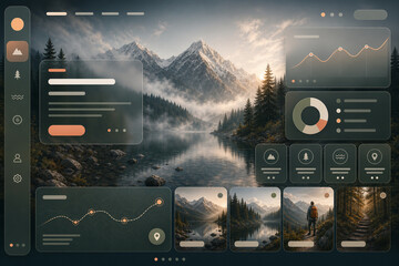 Naklejka premium Design of an interface showing nature with mountains, a river, and data visualizations for outdoor activities in the morning