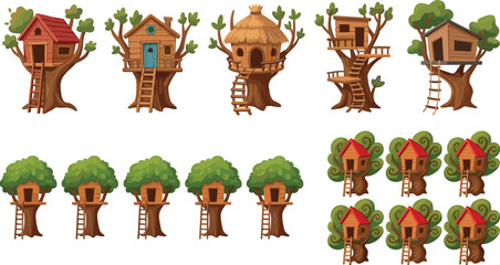 Fototapeta premium Cartoon Treehouse Illustration Collection with Wooden Forest Homes, Fantasy Tree Cabins, Adventure Playhouses, and Cute Nature Architecture Designs