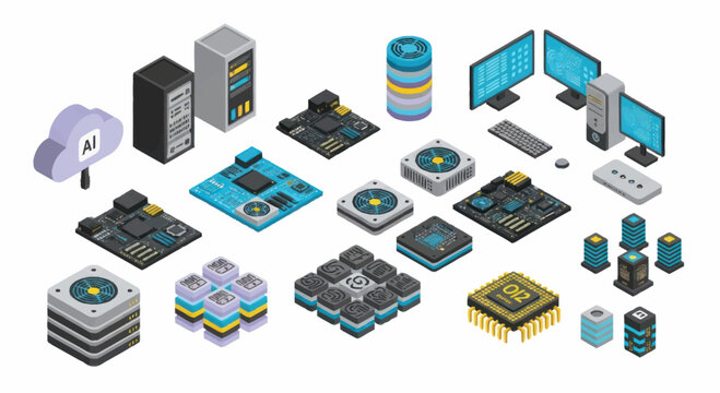 Isometric Illustration of Various Computer Hardware Components.