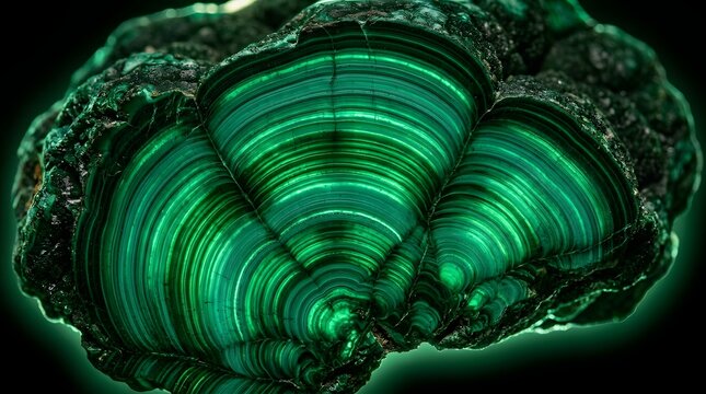 Close up macro shot of a polished malachite mineral stone showing vibrant green concentric bands, circular patterns, and rich textures against a deep black background, for geology