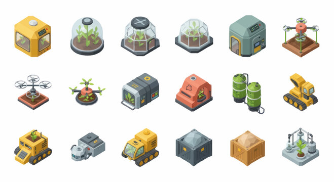 Isometric Illustration of Futuristic Buildings and Structures for Game Design.